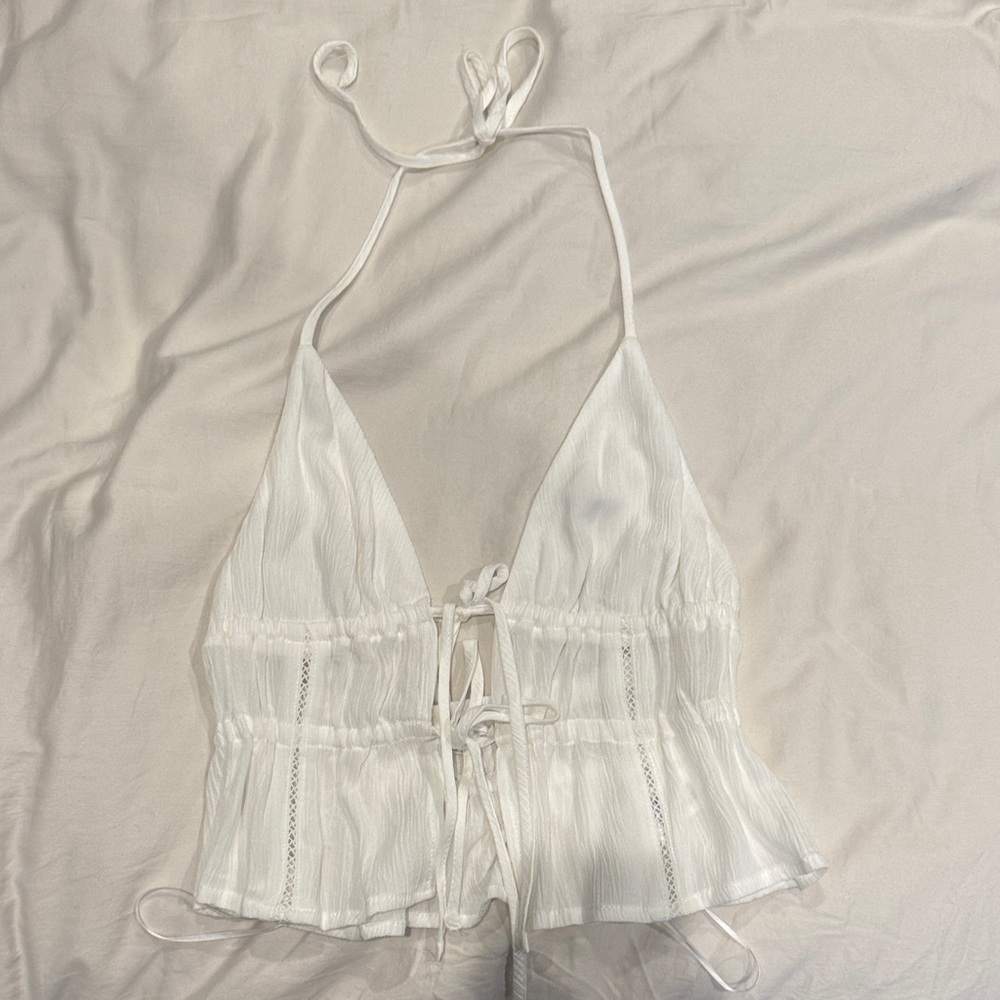 Garage White Halter Tie-Front Top
